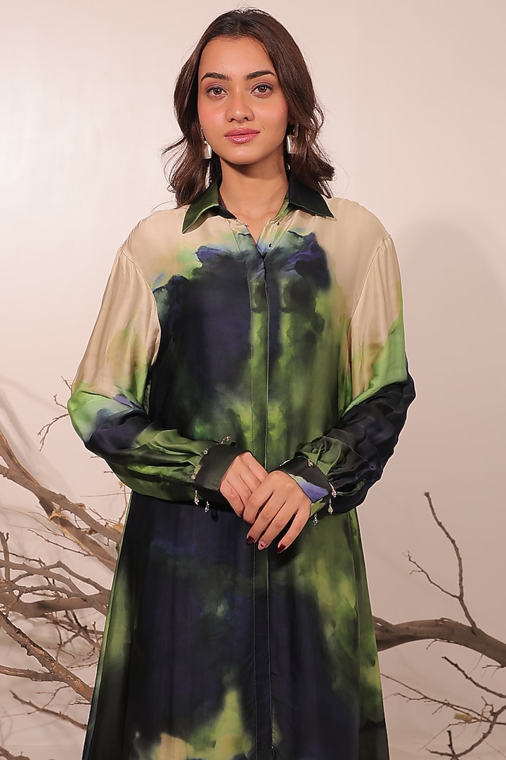 Midnight Blue & Moss Green Russian Cotton Silk Printed Tunic Set by Surkh Syahi at Pernia's Pop Up Shop