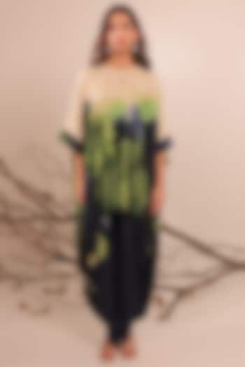 Midnight Blue & Moss Green Russian Cotton Silk Printed Kaftan Set by Surkh Syahi at Pernia's Pop Up Shop