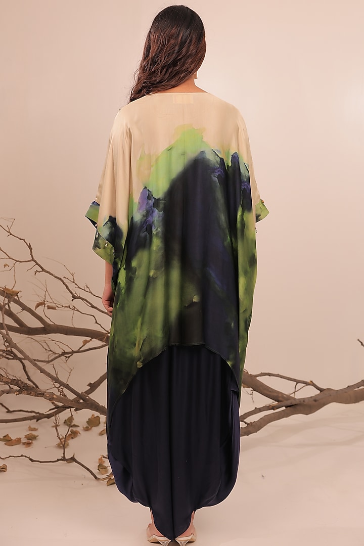 Midnight Blue & Moss Green Russian Cotton Silk Printed Kaftan Set by Surkh Syahi at Pernia's Pop Up Shop