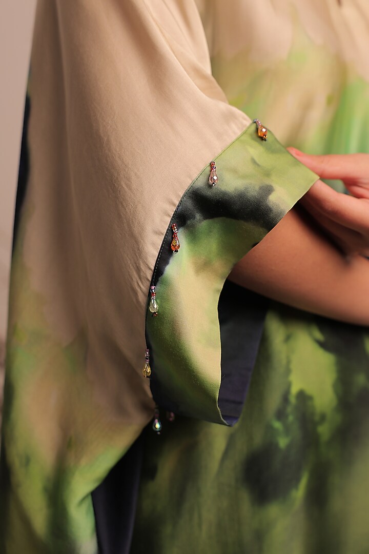Midnight Blue & Moss Green Russian Cotton Silk Printed Kaftan Set by Surkh Syahi at Pernia's Pop Up Shop
