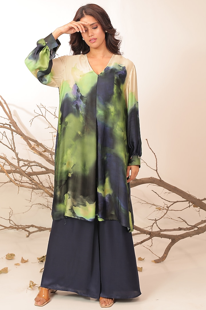 Midnight Blue & Moss Green Russian Cotton Silk Printed A-Line Kurta Set by Surkh Syahi at Pernia's Pop Up Shop
