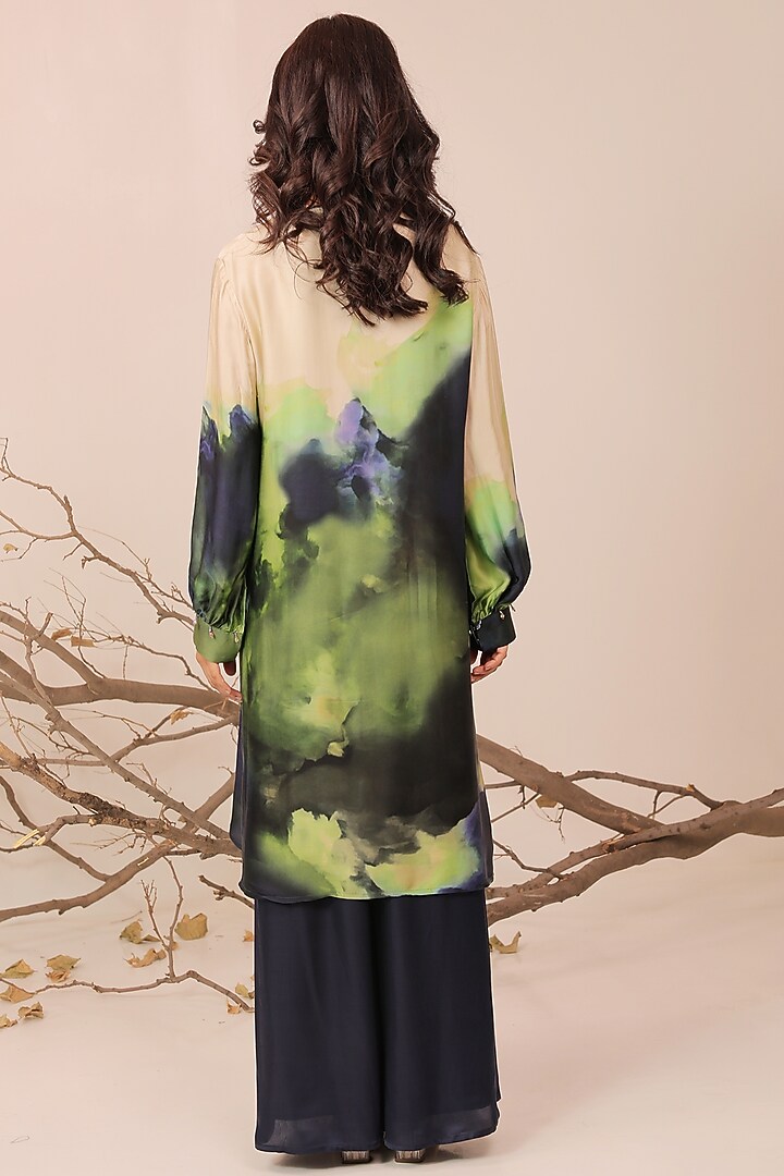 Midnight Blue & Moss Green Russian Cotton Silk Printed A-Line Kurta Set by Surkh Syahi at Pernia's Pop Up Shop