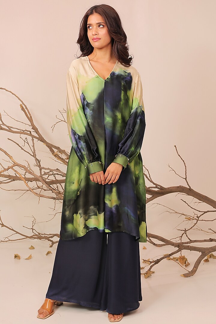 Midnight Blue & Moss Green Russian Cotton Silk Printed A-Line Kurta Set by Surkh Syahi at Pernia's Pop Up Shop