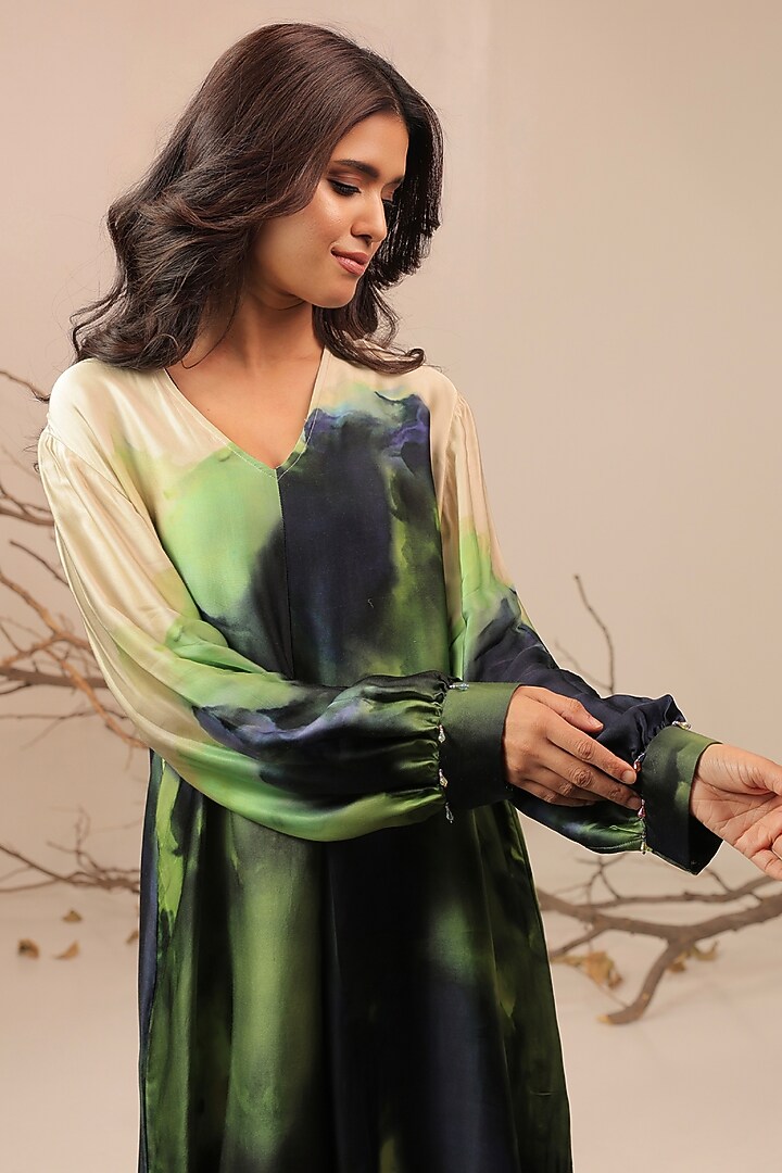 Midnight Blue & Moss Green Russian Cotton Silk Printed A-Line Kurta Set by Surkh Syahi at Pernia's Pop Up Shop