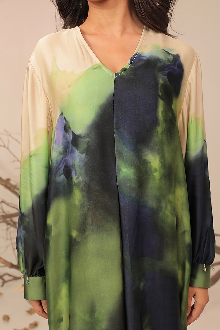 Midnight Blue & Moss Green Russian Cotton Silk Printed A-Line Kurta Set by Surkh Syahi at Pernia's Pop Up Shop