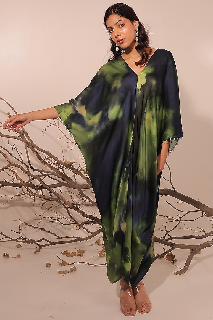 Midnight Blue & Moss Green Russian Cotton Silk Printed Kaftan Summer Dress by Surkh Syahi at Pernia's Pop Up Shop