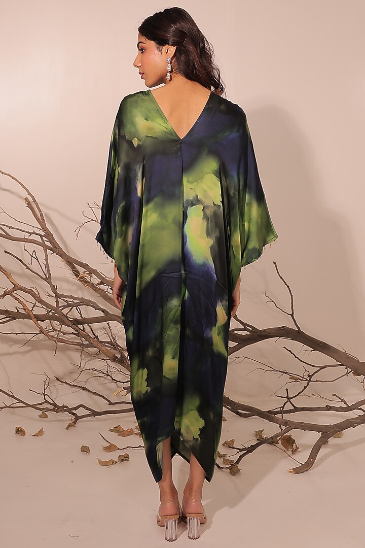 Midnight Blue & Moss Green Russian Cotton Silk Printed Kaftan Summer Dress by Surkh Syahi at Pernia's Pop Up Shop