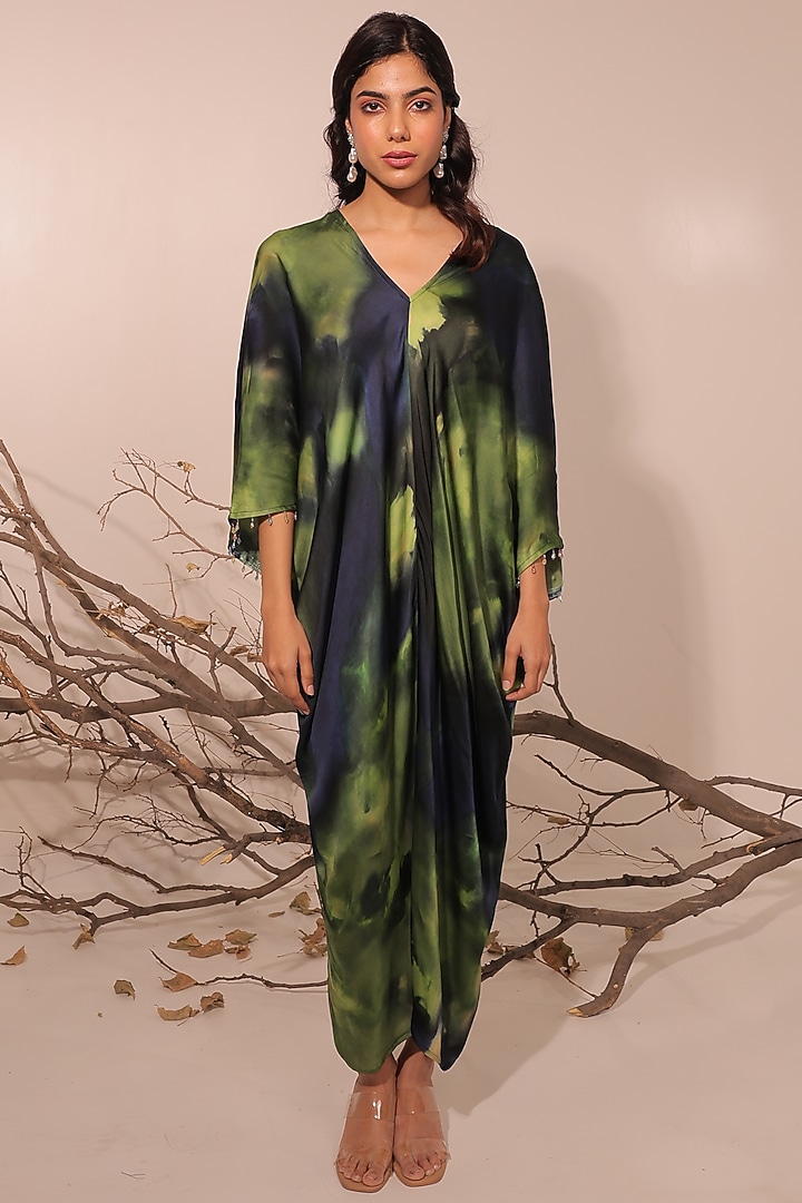Midnight Blue & Moss Green Russian Cotton Silk Printed Kaftan Summer Dress by Surkh Syahi at Pernia's Pop Up Shop