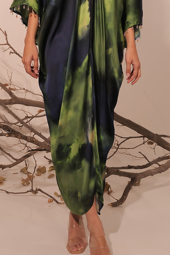 Midnight Blue & Moss Green Russian Cotton Silk Printed Kaftan Summer Dress by Surkh Syahi at Pernia's Pop Up Shop
