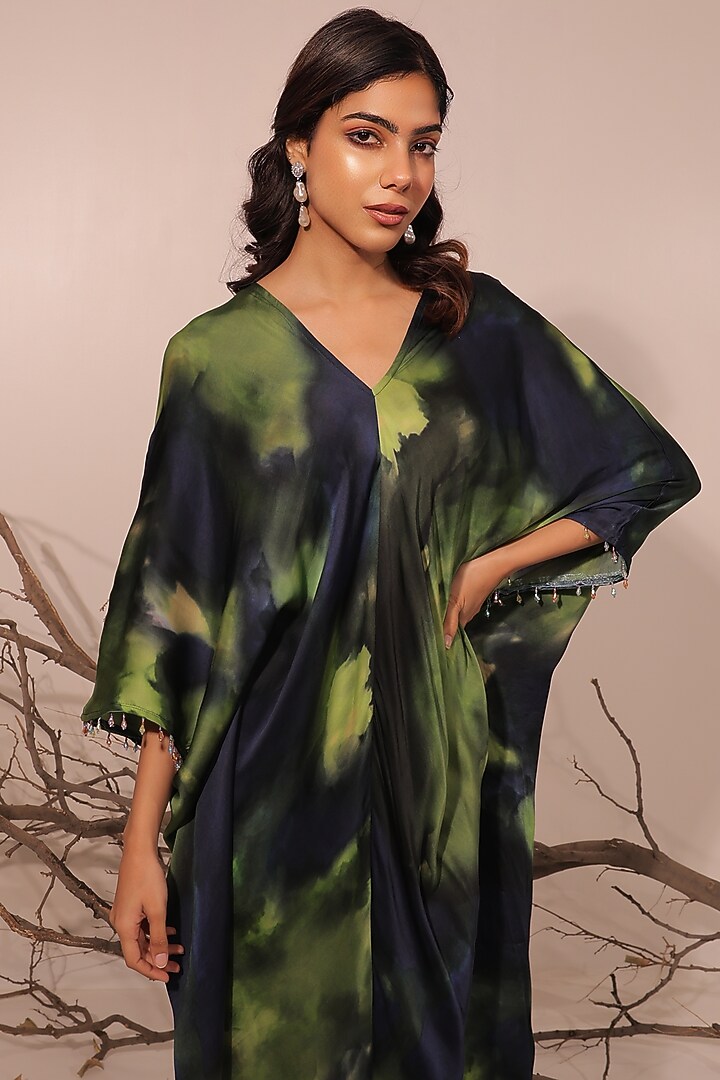 Midnight Blue & Moss Green Russian Cotton Silk Printed Kaftan Summer Dress by Surkh Syahi at Pernia's Pop Up Shop