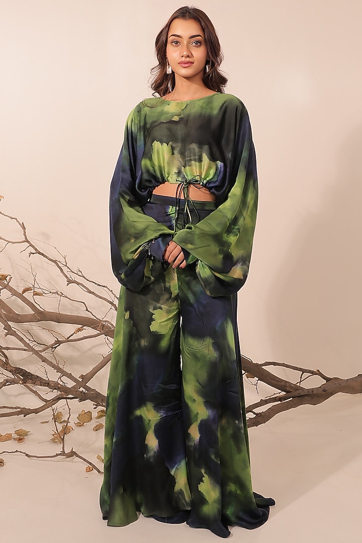 Midnight Blue & Moss Green Russian Cotton Silk Printed Co-Ord Set by Surkh Syahi at Pernia's Pop Up Shop