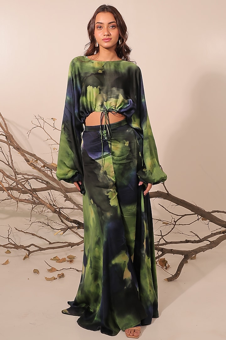 Midnight Blue & Moss Green Russian Cotton Silk Printed Co-Ord Set by Surkh Syahi at Pernia's Pop Up Shop