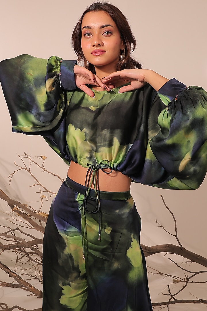 Midnight Blue & Moss Green Russian Cotton Silk Printed Co-Ord Set by Surkh Syahi at Pernia's Pop Up Shop