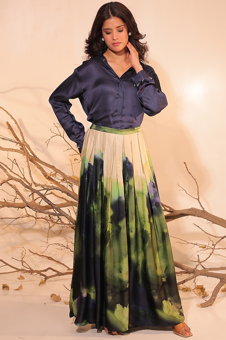Midnight Blue & Moss Green Russian Cotton Silk Printed Co-Ord Set by Surkh Syahi at Pernia's Pop Up Shop