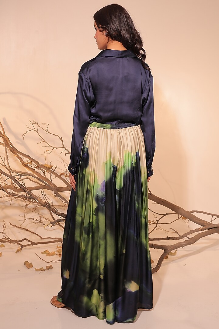 Midnight Blue & Moss Green Russian Cotton Silk Printed Co-Ord Set by Surkh Syahi at Pernia's Pop Up Shop