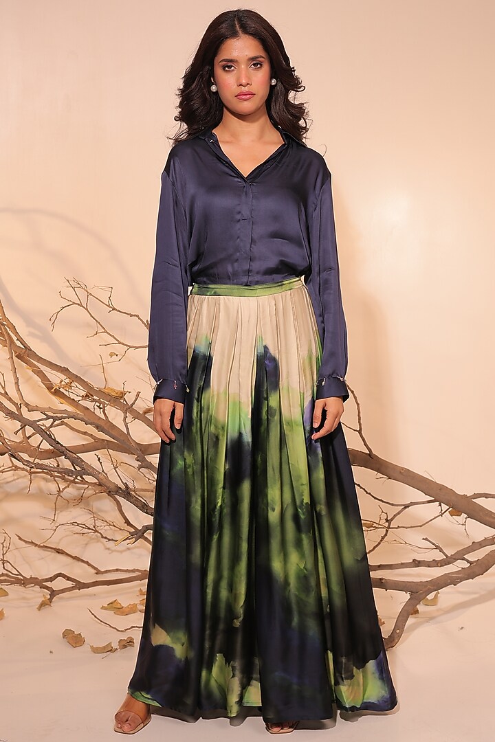 Midnight Blue & Moss Green Russian Cotton Silk Printed Co-Ord Set by Surkh Syahi at Pernia's Pop Up Shop