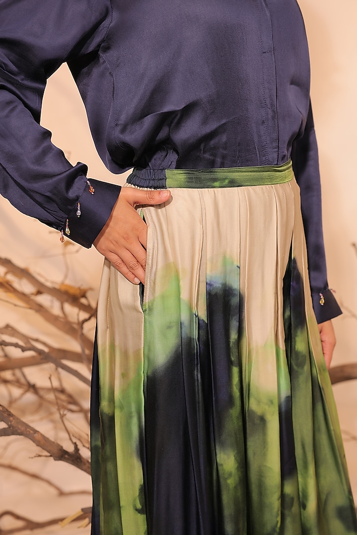 Midnight Blue & Moss Green Russian Cotton Silk Printed Co-Ord Set by Surkh Syahi at Pernia's Pop Up Shop