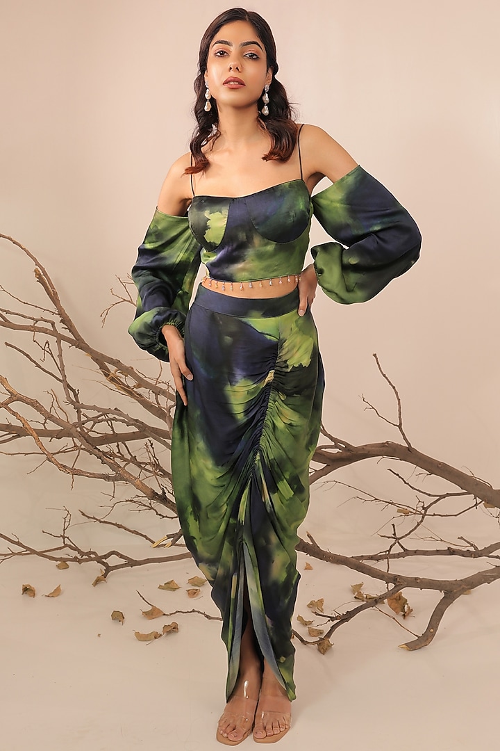 Midnight Blue & Moss Green Russian Cotton Silk Printed Skirt Set by Surkh Syahi at Pernia's Pop Up Shop