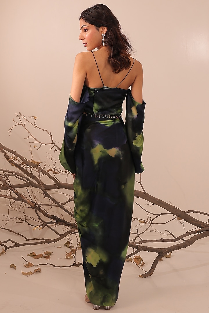 Midnight Blue & Moss Green Russian Cotton Silk Printed Skirt Set by Surkh Syahi at Pernia's Pop Up Shop