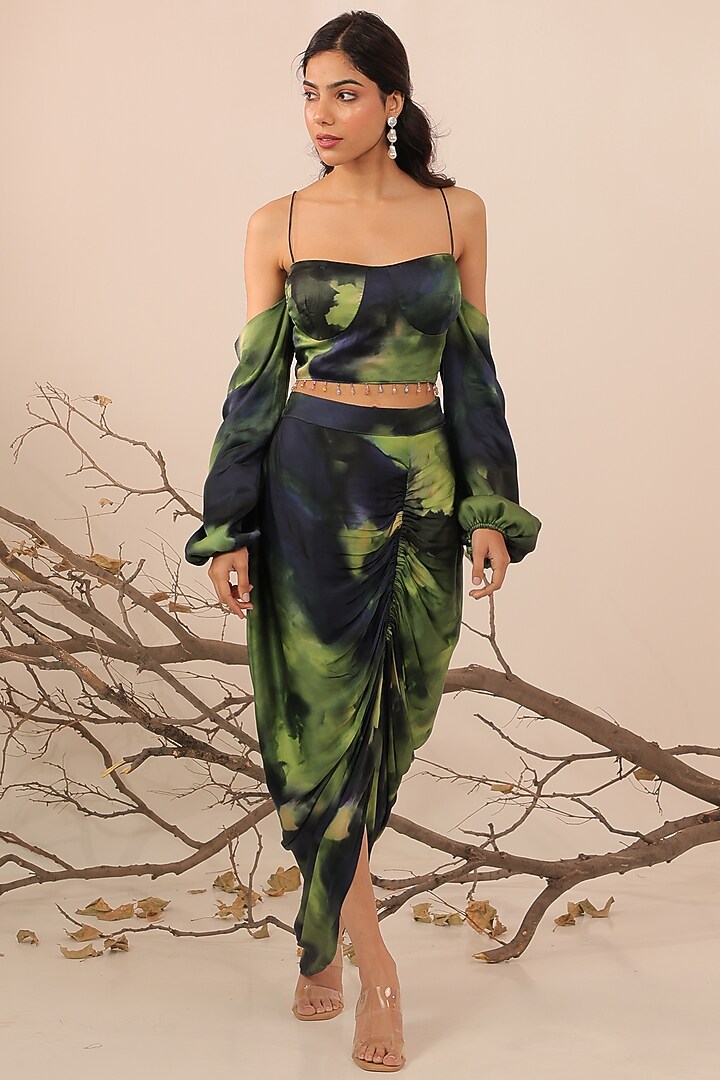 Midnight Blue & Moss Green Russian Cotton Silk Printed Skirt Set by Surkh Syahi at Pernia's Pop Up Shop