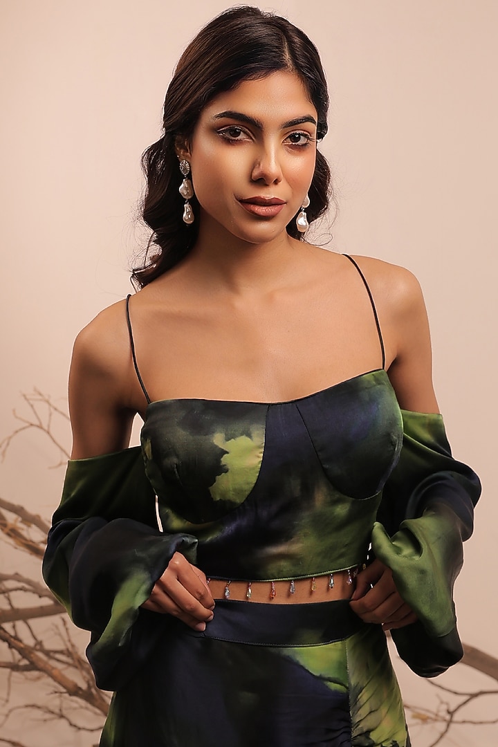 Midnight Blue & Moss Green Russian Cotton Silk Printed Skirt Set by Surkh Syahi at Pernia's Pop Up Shop