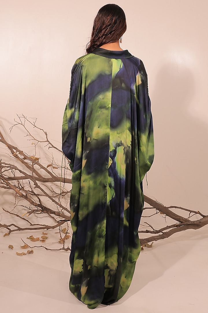 Midnight Blue & Moss Green Russian Cotton Silk Printed Kaftan Set by Surkh Syahi at Pernia's Pop Up Shop