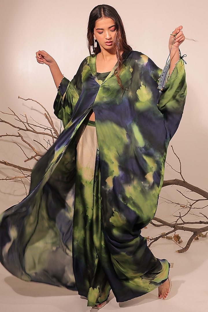Midnight Blue & Moss Green Russian Cotton Silk Printed Kaftan Set by Surkh Syahi at Pernia's Pop Up Shop