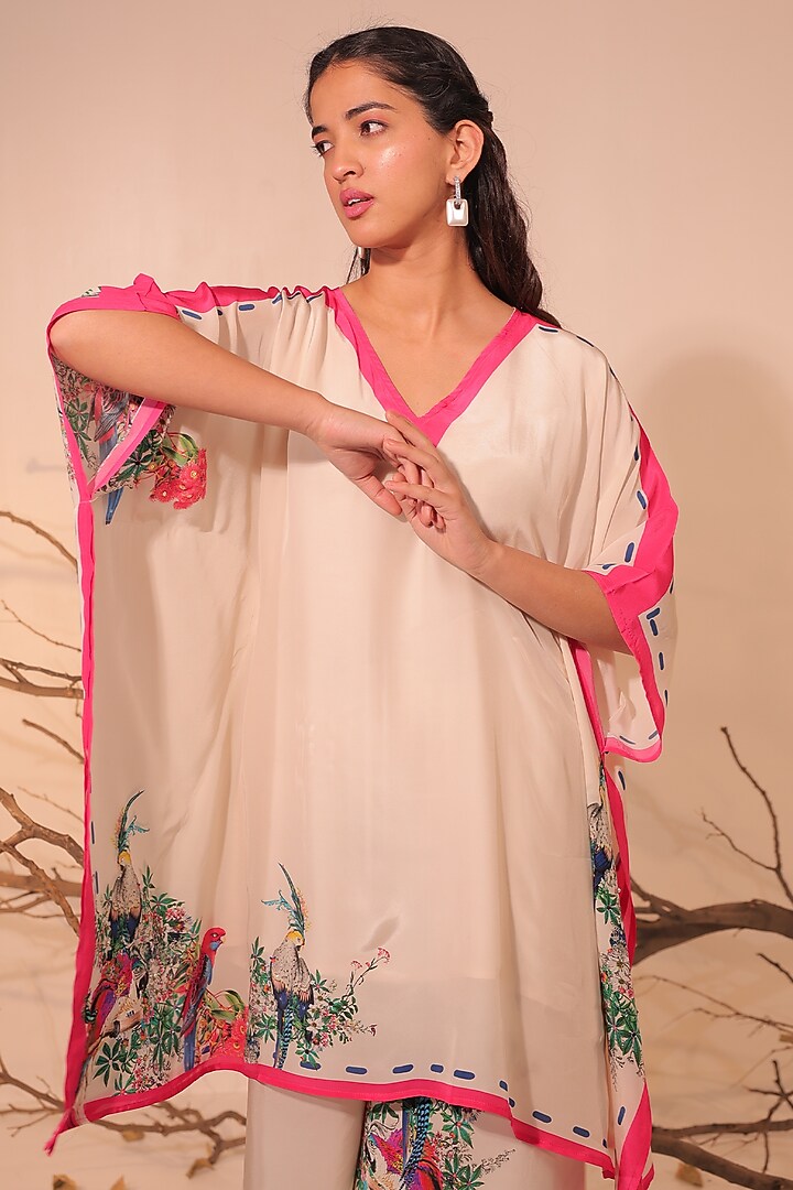 Off-White Crepe Botanical Printed Kaftan Set by Surkh Syahi at Pernia's Pop Up Shop