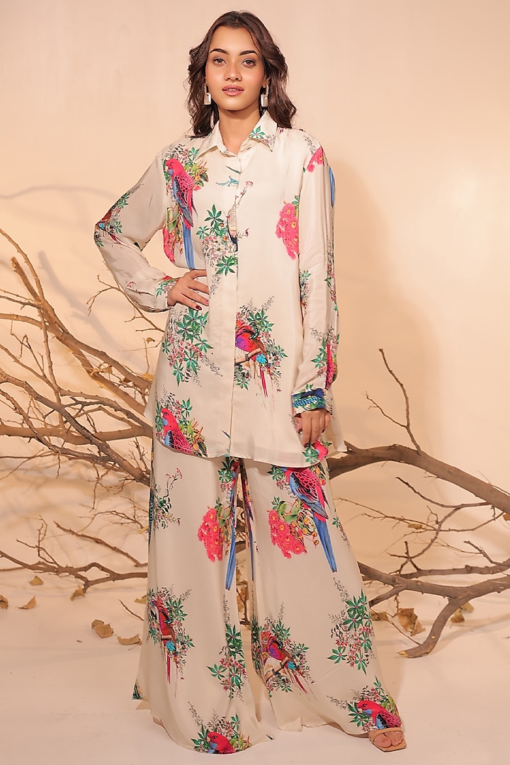 Off-White Crepe Botanical Printed Co-Ord Set by Surkh Syahi at Pernia's Pop Up Shop