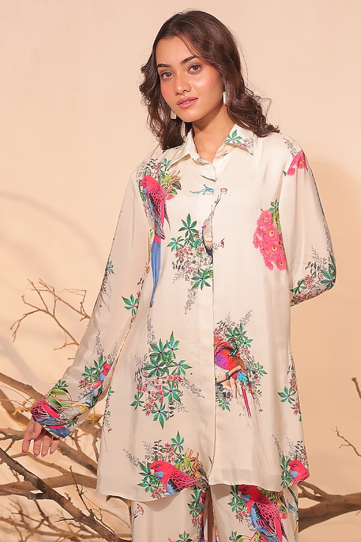Off-White Crepe Botanical Printed Co-Ord Set by Surkh Syahi at Pernia's Pop Up Shop