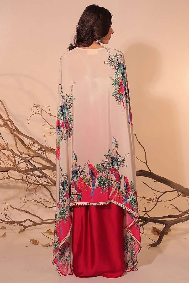 Off-White Crepe Botanical Printed Cape Set by Surkh Syahi at Pernia's Pop Up Shop