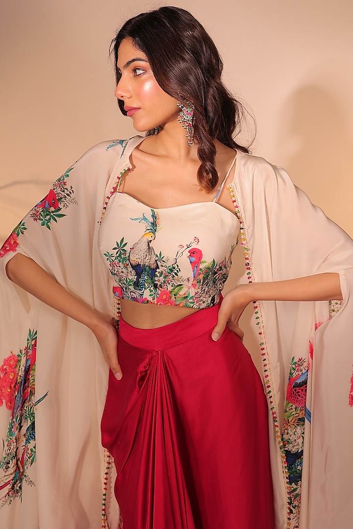 Off-White Crepe Botanical Printed Cape Set by Surkh Syahi at Pernia's Pop Up Shop