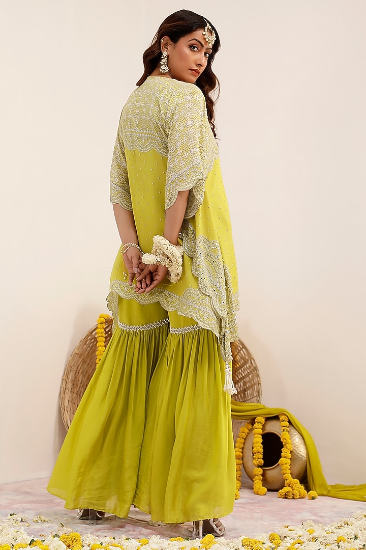 Lime Crepe Printed & Embroidered Kaftan Set by Surkh Syahi at Pernia's Pop Up Shop