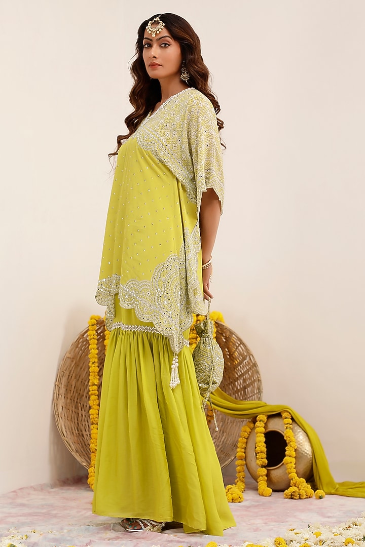 Lime Crepe Printed & Embroidered Kaftan Set by Surkh Syahi at Pernia's Pop Up Shop