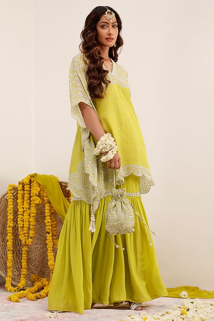 Lime Crepe Printed & Embroidered Kaftan Set by Surkh Syahi at Pernia's Pop Up Shop