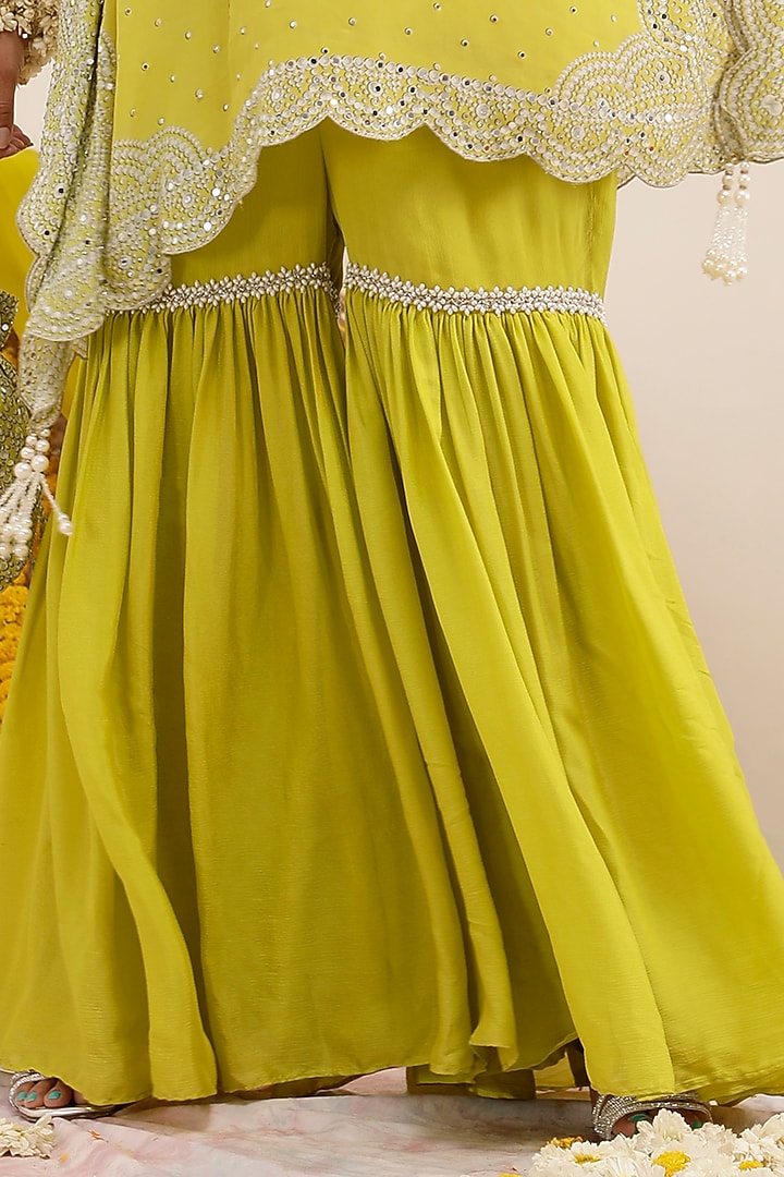 Lime Crepe Printed & Embroidered Kaftan Set by Surkh Syahi at Pernia's Pop Up Shop