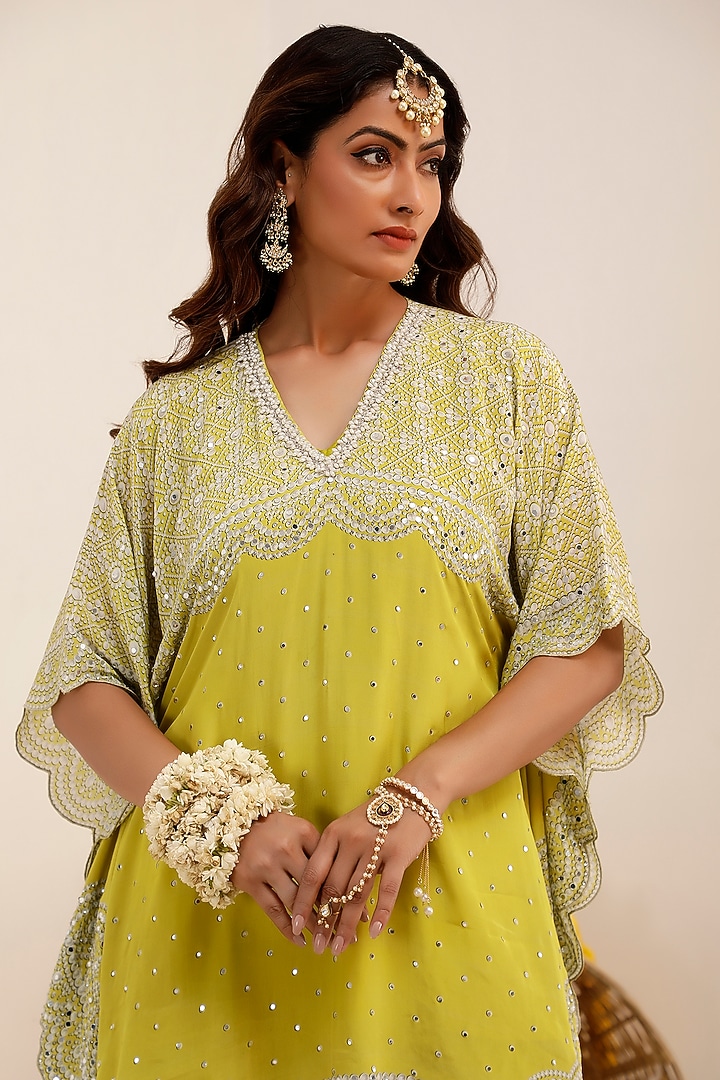 Lime Crepe Printed & Embroidered Kaftan Set by Surkh Syahi at Pernia's Pop Up Shop