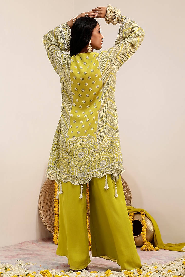 Lime Crepe Printed & Embroidered Kurta Set by Surkh Syahi at Pernia's Pop Up Shop