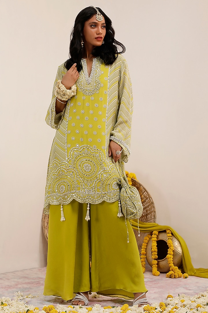 Lime Crepe Printed & Embroidered Kurta Set by Surkh Syahi at Pernia's Pop Up Shop