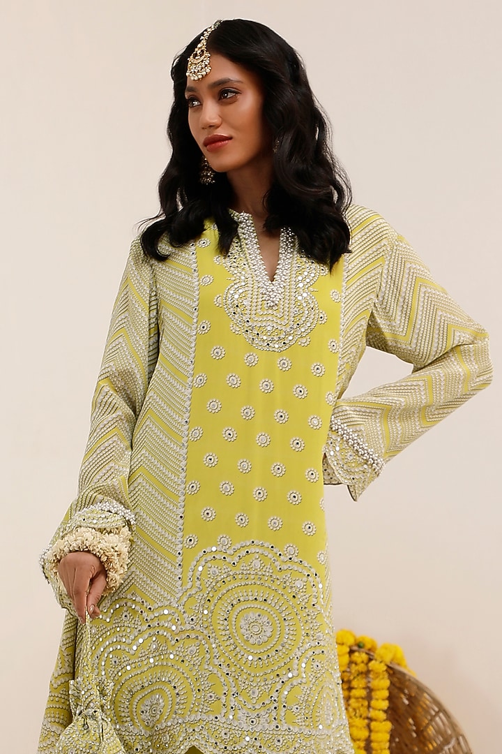 Lime Crepe Printed & Embroidered Kurta Set by Surkh Syahi at Pernia's Pop Up Shop