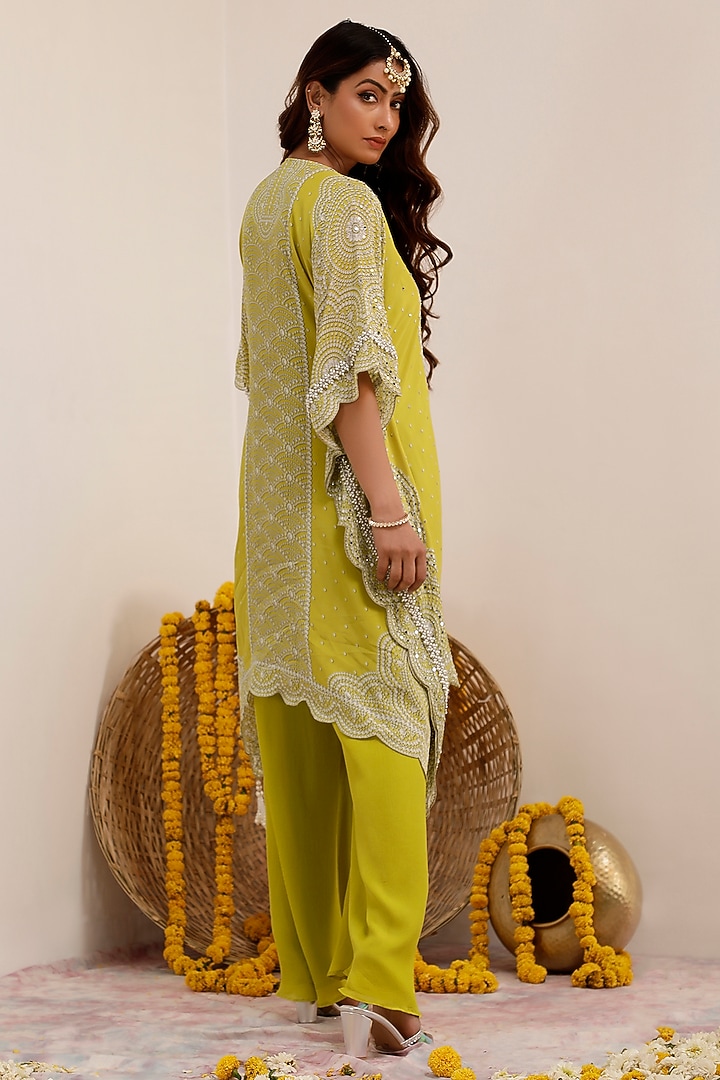 Lime Crepe Printed & Embroidered Kaftan Set by Surkh Syahi at Pernia's Pop Up Shop
