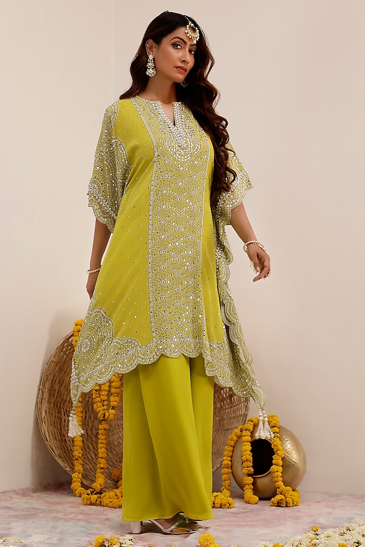 Lime Crepe Printed & Embroidered Kaftan Set by Surkh Syahi at Pernia's Pop Up Shop