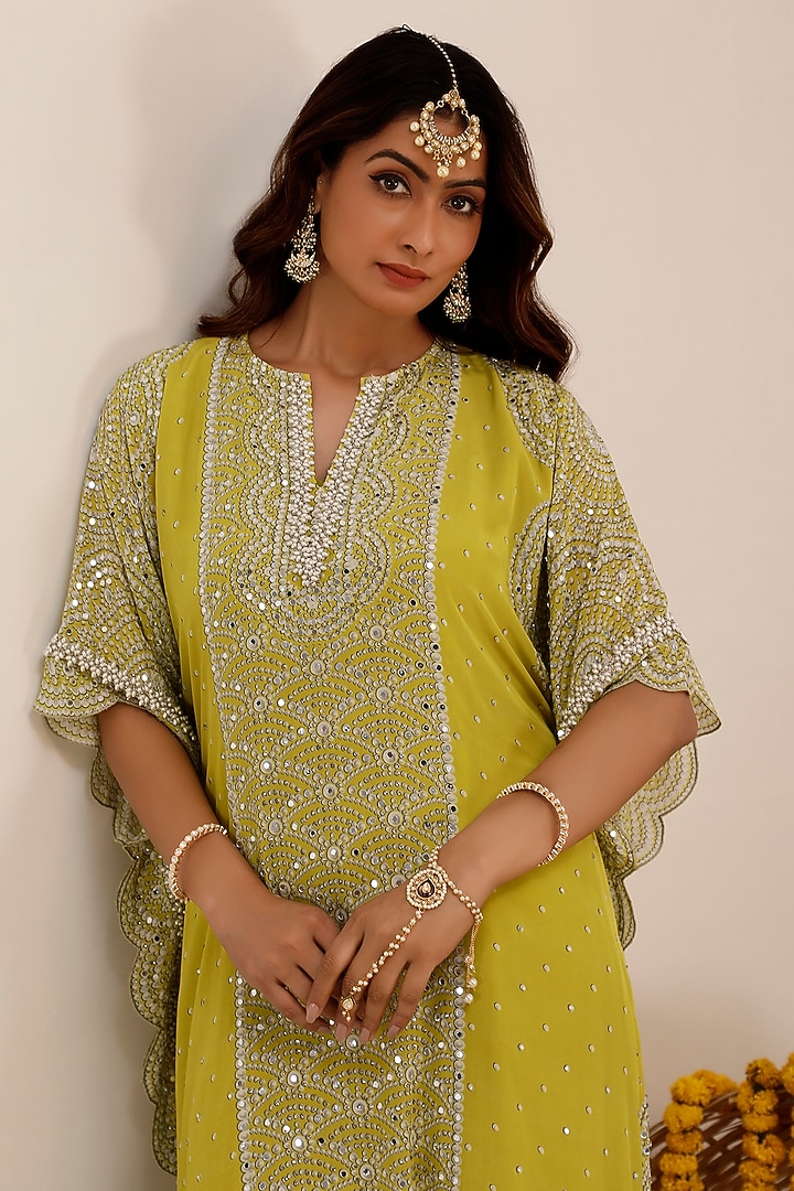 Lime Crepe Printed & Embroidered Kaftan Set by Surkh Syahi at Pernia's Pop Up Shop