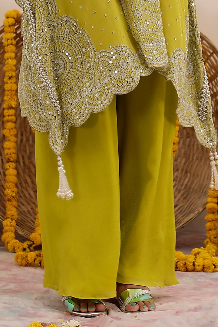 Lime Crepe Printed & Embroidered Kaftan Set by Surkh Syahi at Pernia's Pop Up Shop