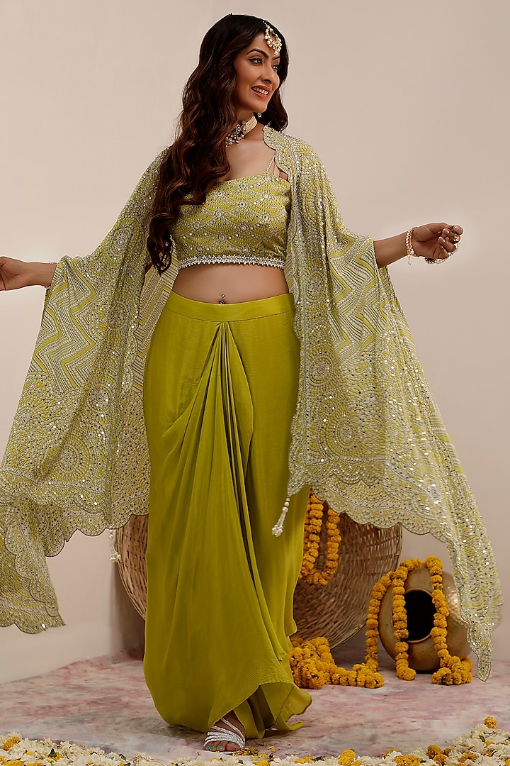 Lime Crepe Printed & Embroidered Cape Set by Surkh Syahi at Pernia's Pop Up Shop