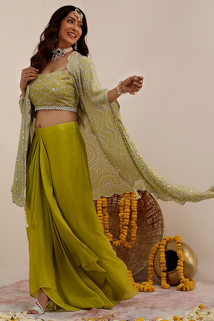 Lime Crepe Printed & Embroidered Cape Set by Surkh Syahi at Pernia's Pop Up Shop