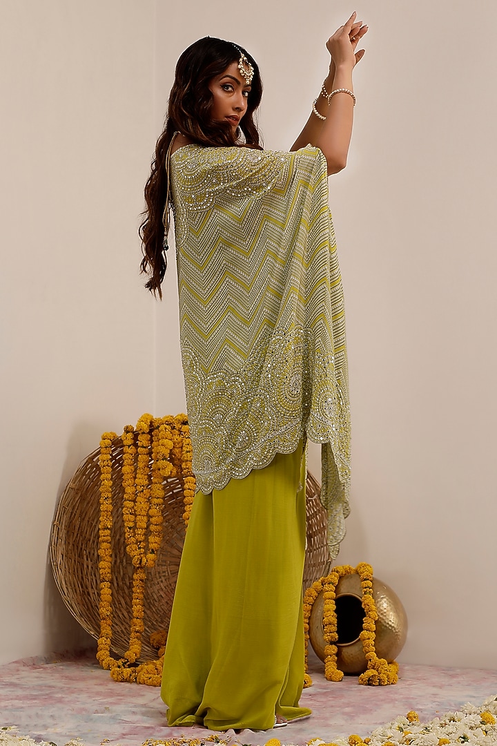 Lime Crepe Printed & Embroidered Cape Set by Surkh Syahi at Pernia's Pop Up Shop