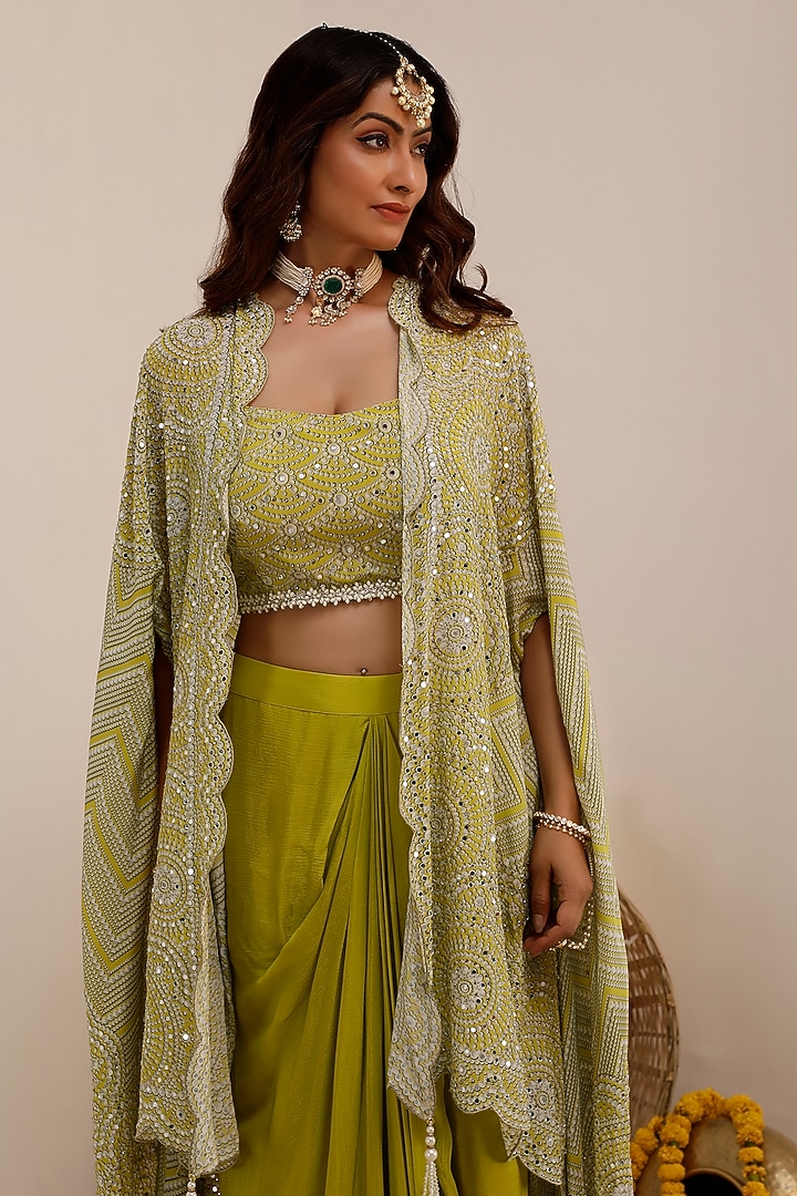 Lime Crepe Printed & Embroidered Cape Set by Surkh Syahi at Pernia's Pop Up Shop