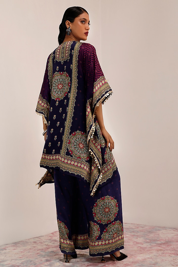 Indigo & Purple Russian Cotton Silk Printed & Embroidered Kaftan Set by Surkh Syahi at Pernia's Pop Up Shop