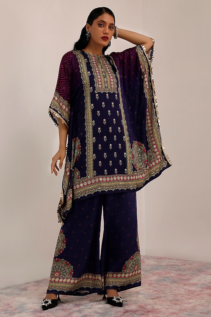Indigo & Purple Russian Cotton Silk Printed & Embroidered Kaftan Set by Surkh Syahi at Pernia's Pop Up Shop